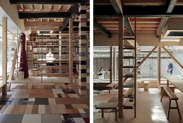 大阪市中津商店街に建つ長屋を店舗付き住宅にリノベーションした内観のサンプルによる床のデザイン